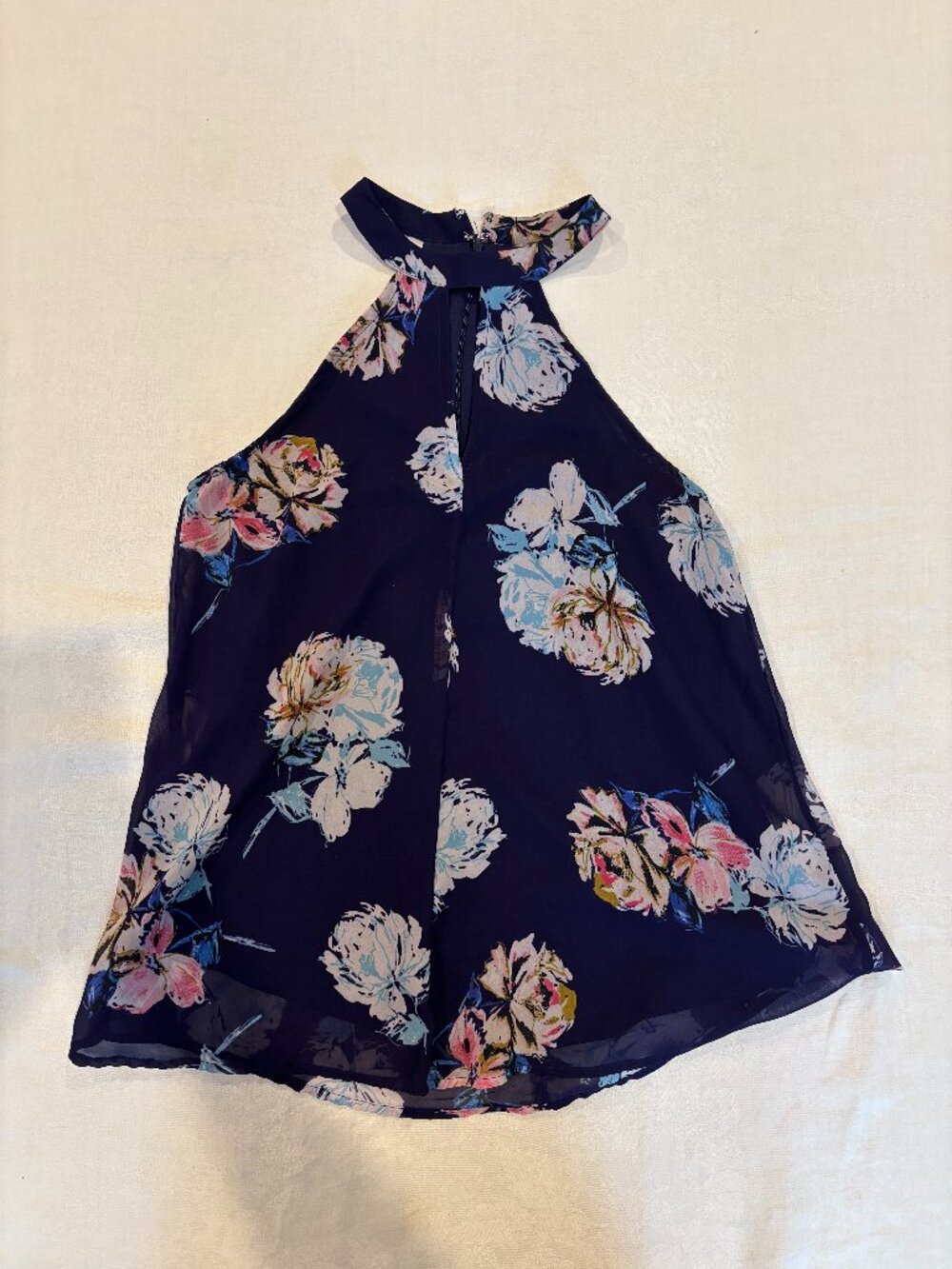Japna Navy Floral Keyhole Halter Neck Sleeveless Blouse Top Medium